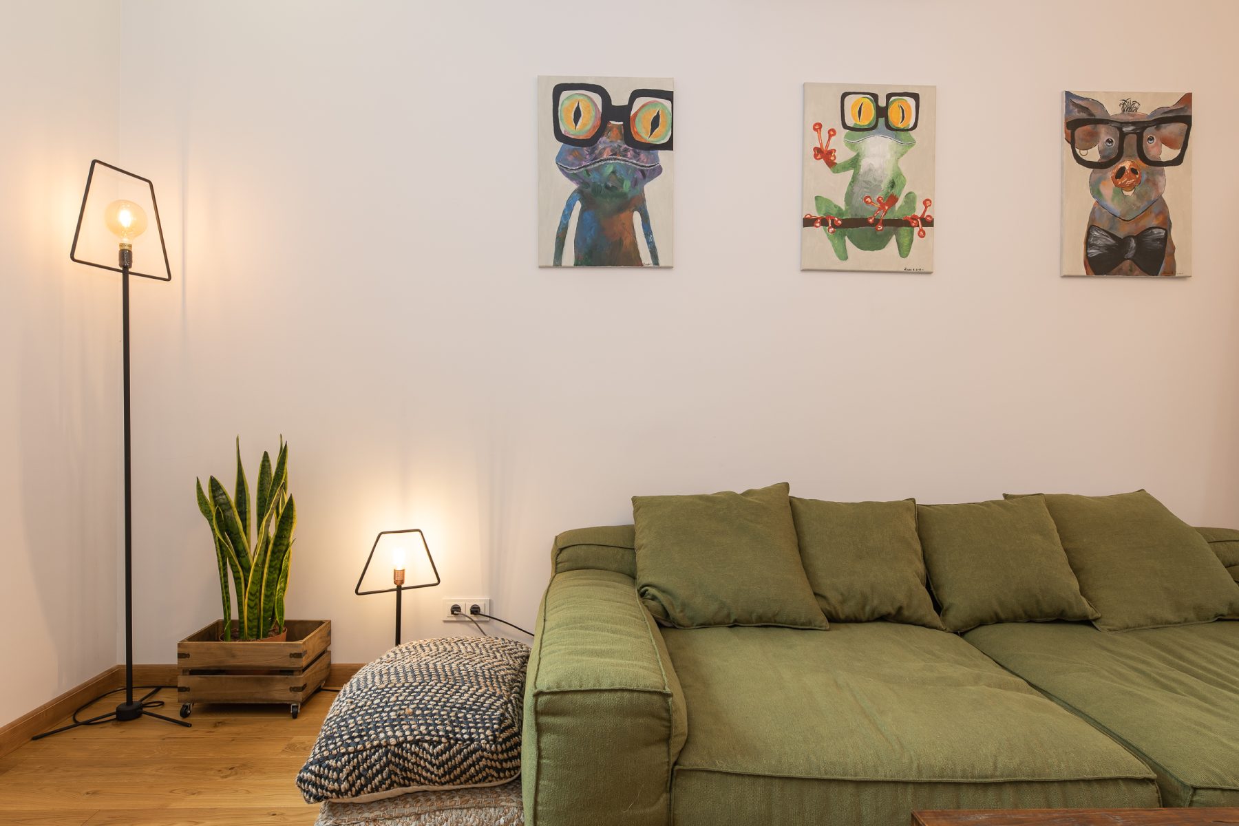 Svetainė su modernia sofa ir paveikslais