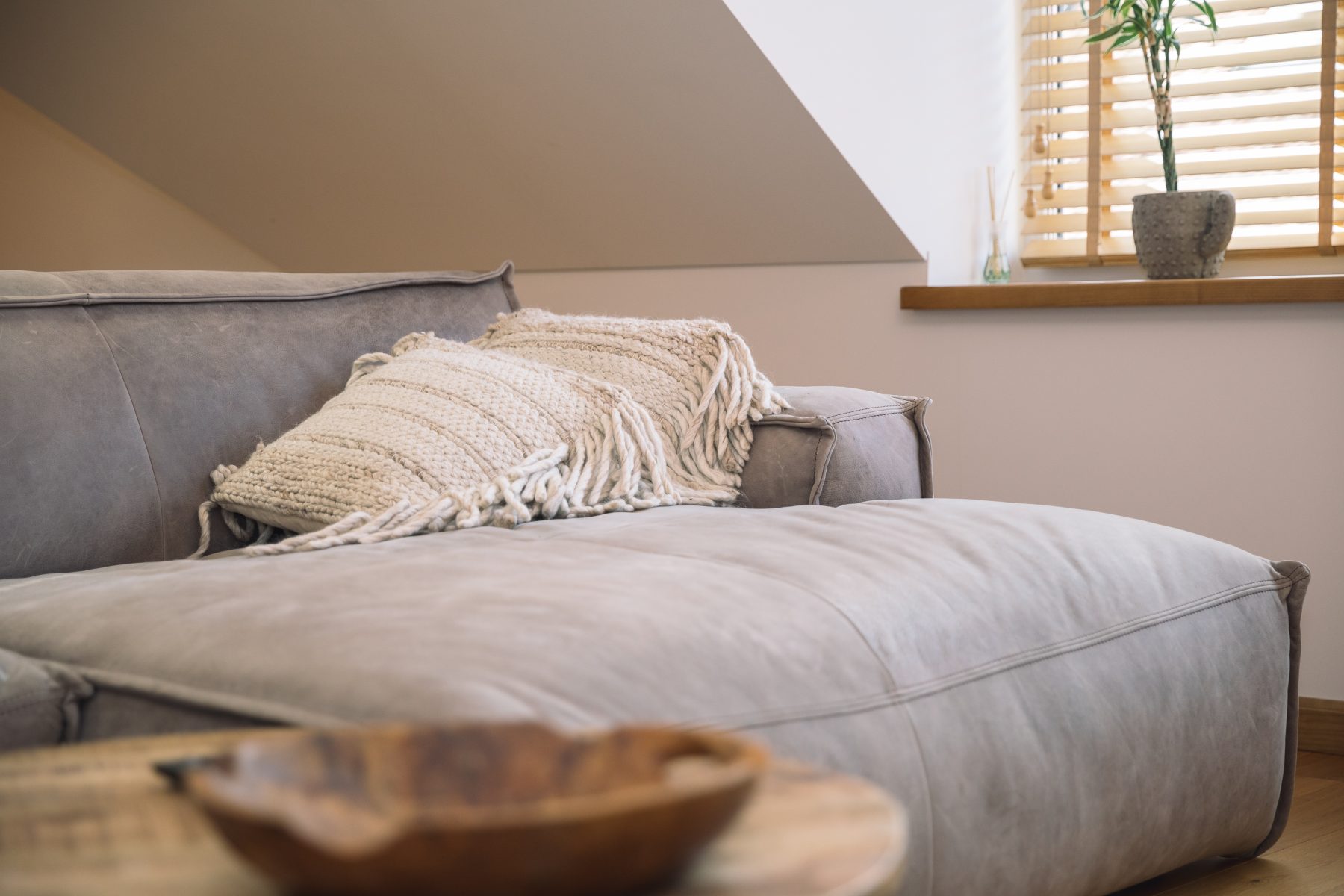 Moderni svetainė su patogia sofa ir šiuolaikišku interjeru