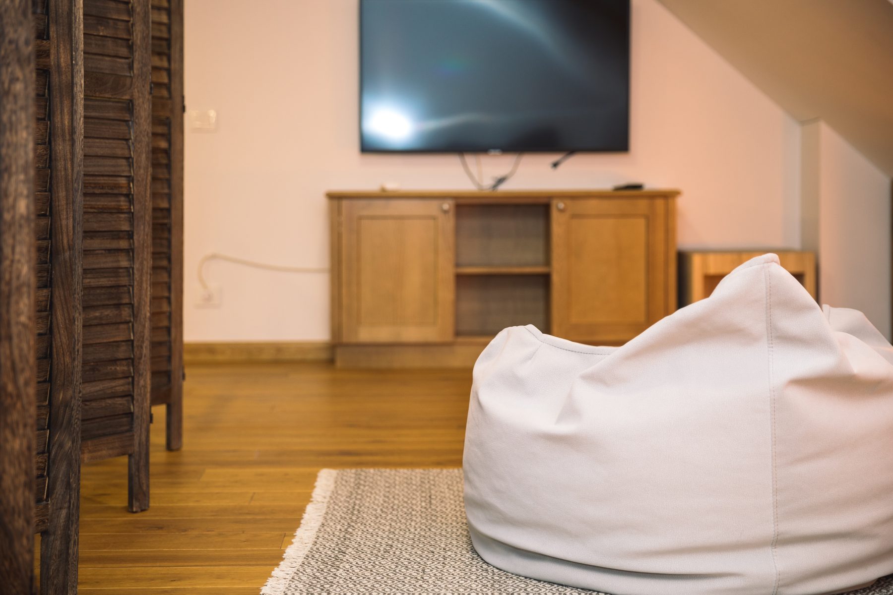 Sofa, televizoriumi ir moderniu interjeru