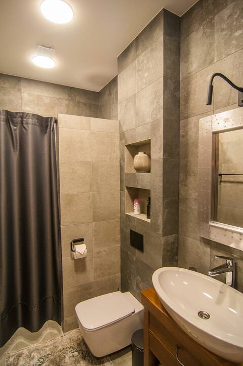 Modernus vonios kambarys su dušo zona