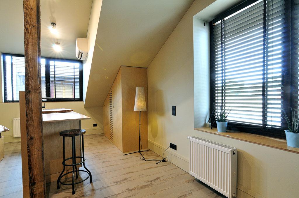 Industrinio stiliaus svetainė su sofa ir poilsio zona