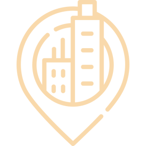 Žemėlapio smeigtuko, kuriame yra du supaprastinti pastatai - aukštas ir žemas - vaizduojantys miesto vietovę arba miesto centrą, kontūrinė piktograma. Šviesiai smėlio spalvos dizainas baltame fone puikiai tinka Pagrindinis puslapis.