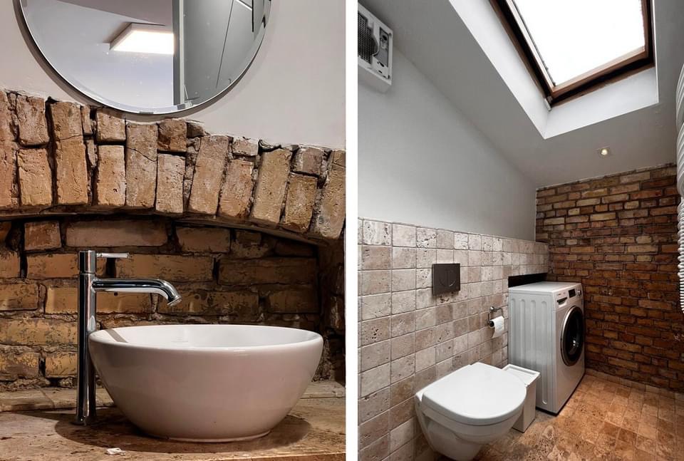 Modernus loft tipo buto interjeras su antru aukštu ir plytų sienomis